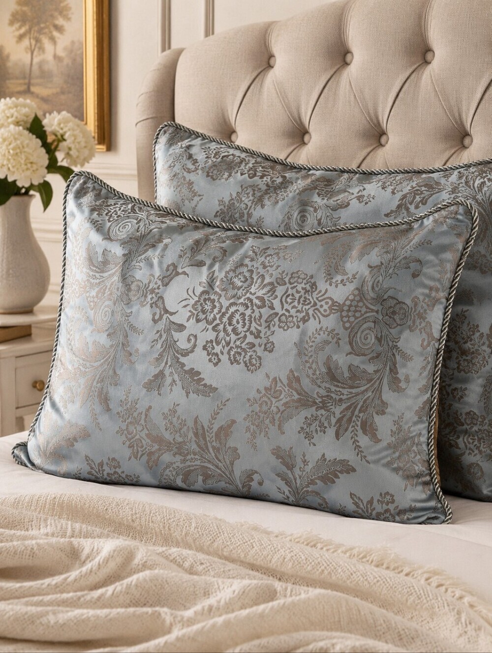 Millano Collection Blue Grey Damask Pillow Shams Set Cottage Luxe King